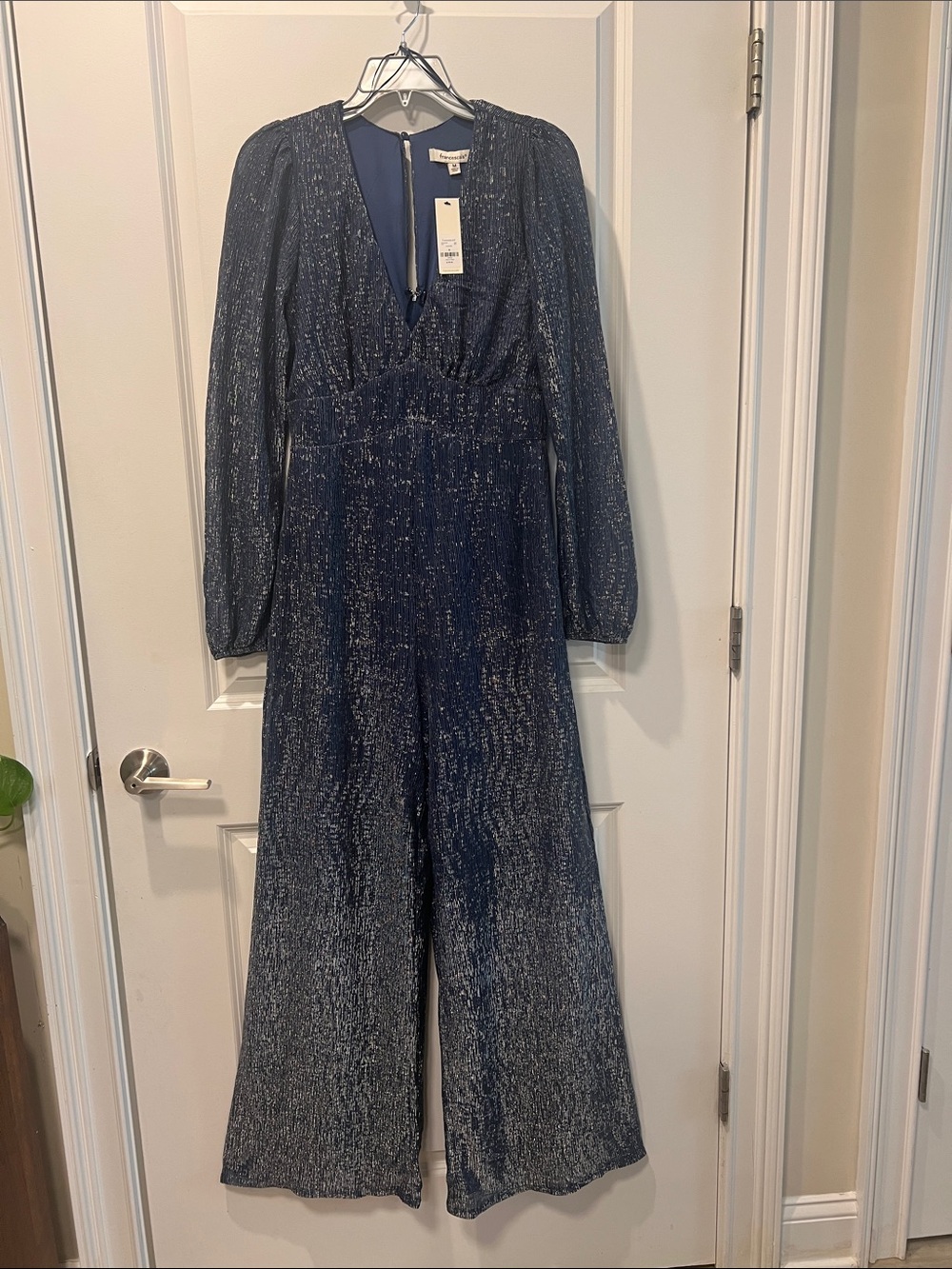 Francesca's Collections Navy Metallic V-Neck Jumpsuit